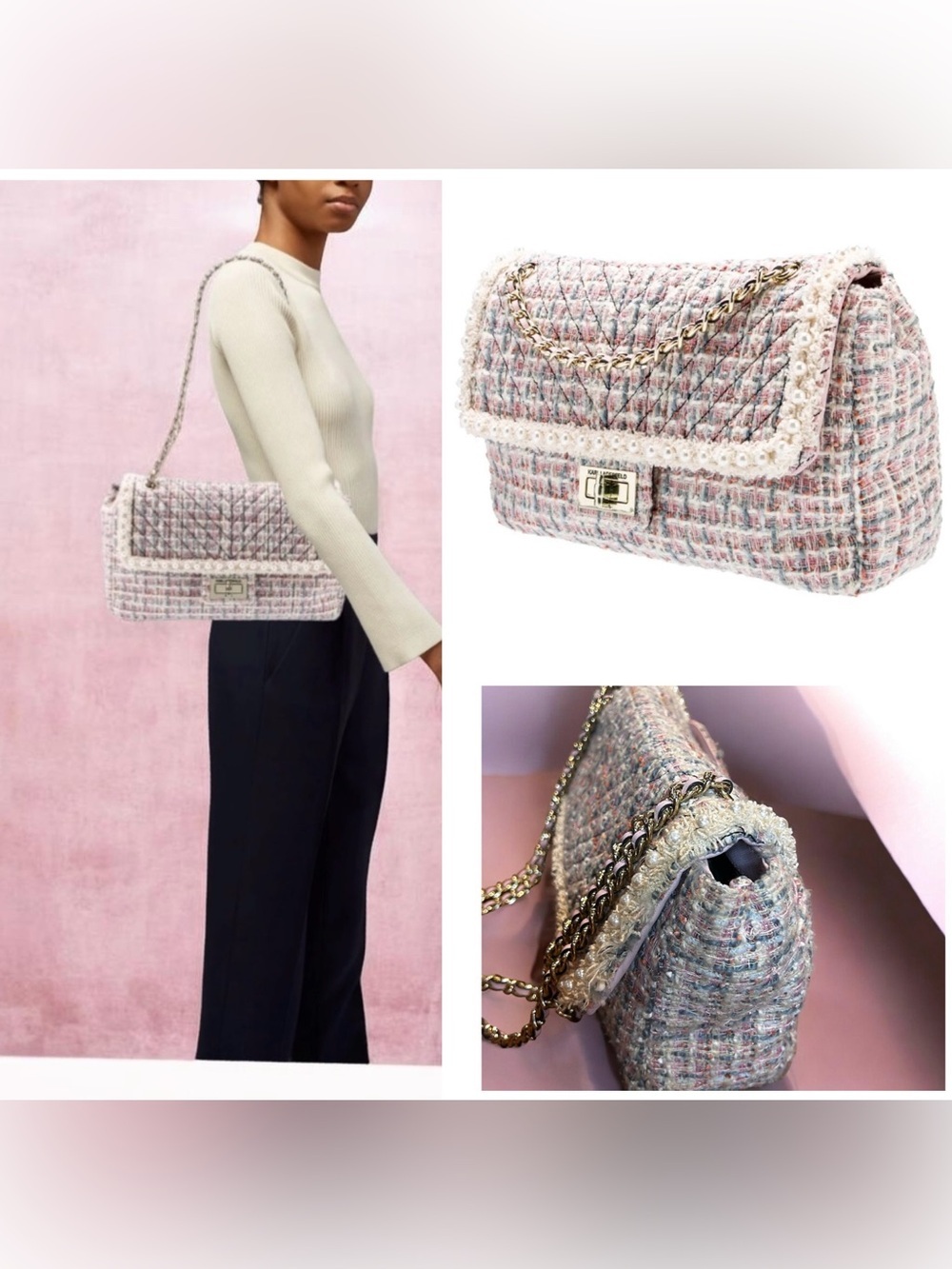 Karl Lagerfeld pink tweed and pearl shoulder bag Large